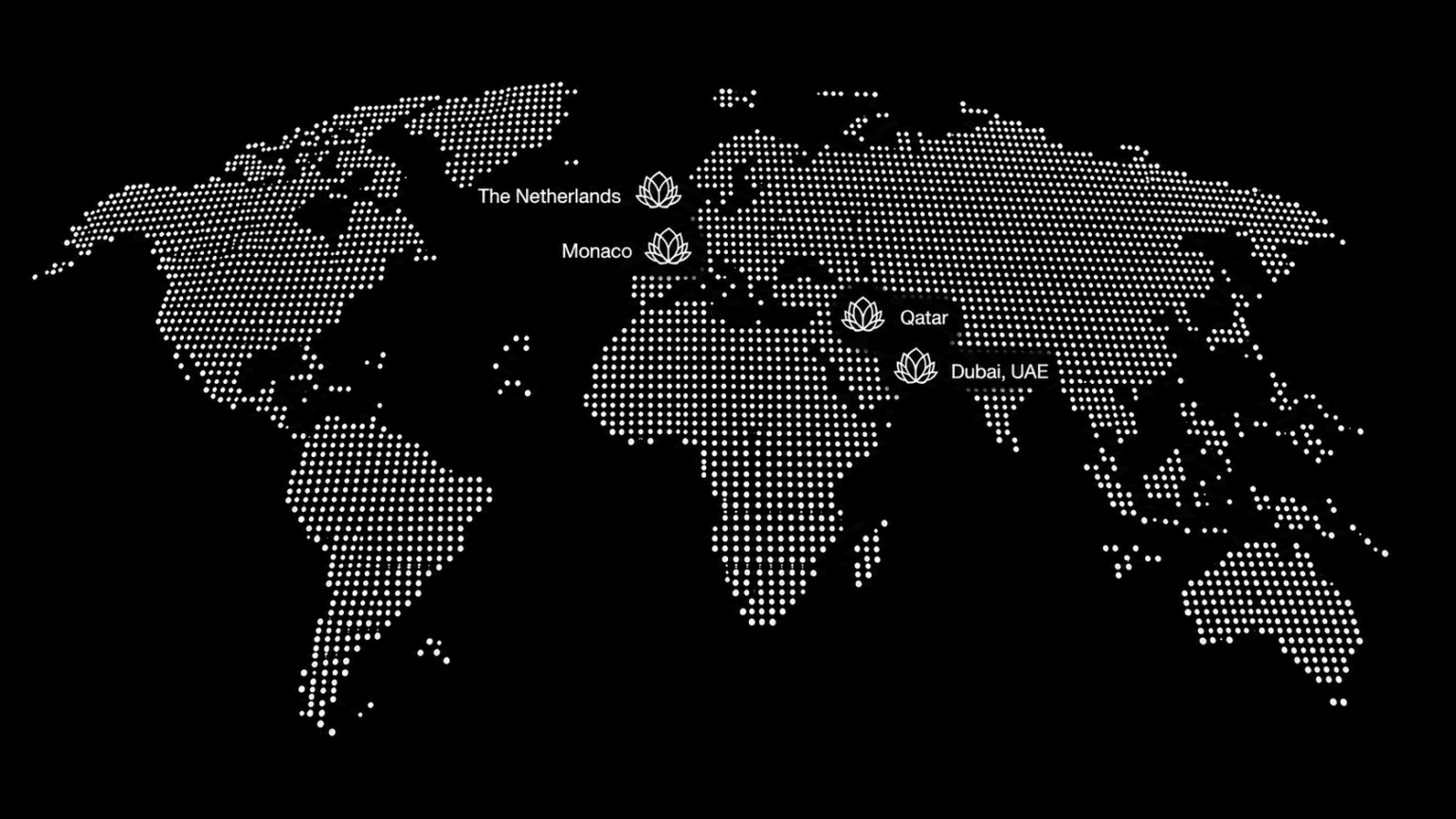 World map of Treasures International locations: The Netherlands, Monaco, Qatar and Dubai, UAE